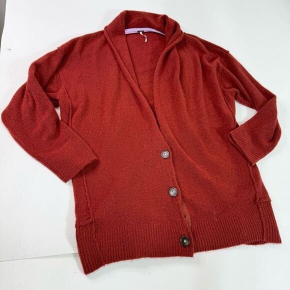 Free People Sweater Womens Medium Red Wool Blend Long-Sleeve Cardigan Cabin Core - Picture 1 of 10
